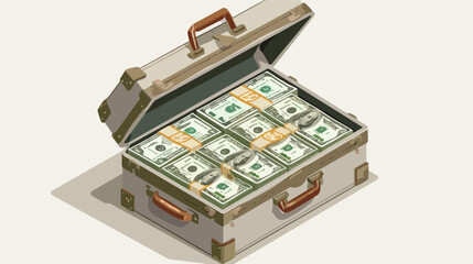 Metal suitcase full of money. Stacks of dollars. Flat