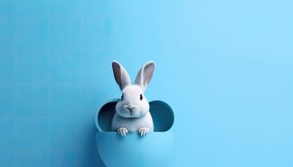 Curious Easter Bunny Peeking Out from Vibrant Blue Wall