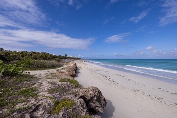 The beautiful beach front of the Cuban town of Varadero in Cuba showing the sandy beach on a sunny summers day