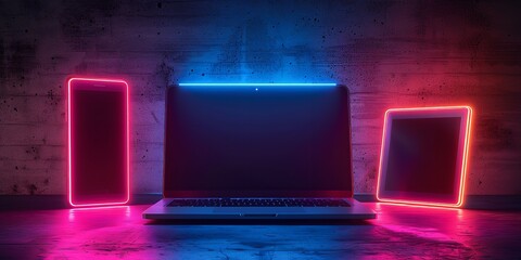 laptop and tab on a dark backdrop decorated with neon light on clean surface with a big space for text or product backdrop, Generative AI. - obrazy, fototapety, plakaty