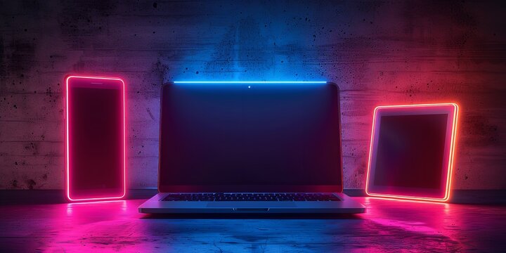 laptop and tab on a dark backdrop decorated with neon light on clean surface with a big space for text or product backdrop, Generative AI.