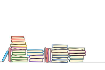 Continuous one line drawing lots of books piled up. Packaged after being brought from the book festival. Books to read while in space. Study. Fiction. Single line draw design vector illustration