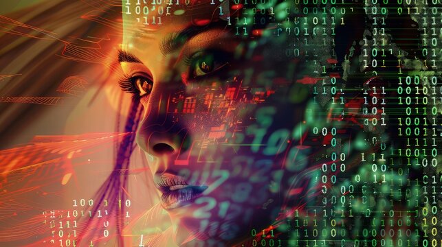 Amidst a backdrop of digital artistry, the silhouette of a girl's face takes shape, her expression serene yet enigmatic. 