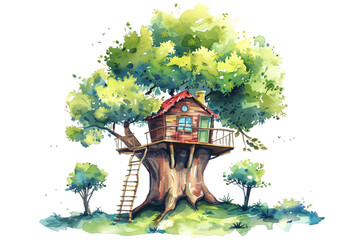 Treehouse Nestled on Transparent Background. PNG Treehouse Nestled - obrazy, fototapety, plakaty