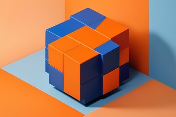 Minimalist Vibrant Color 3D Cube in Memphis Style ,  Vibrant Color Room With 3D Cube