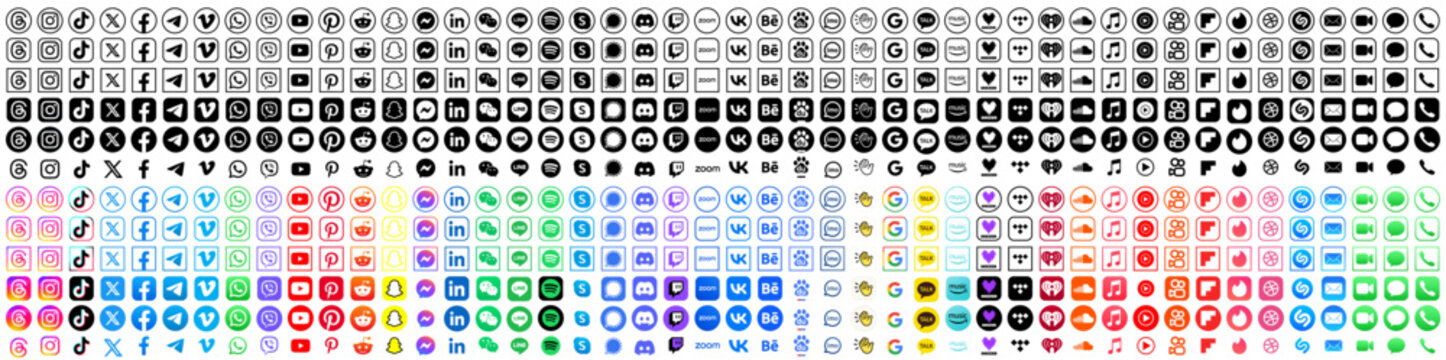 Threads, Instagram, TikTok, X, Facebook, Whatsapp, Twitter, YouTube, Telegram, Viber, Snapchat, Pinterest, Reddit, Messenger, WeChat, Line, Vimeo and LinkedIn app icons. Set of social media logos