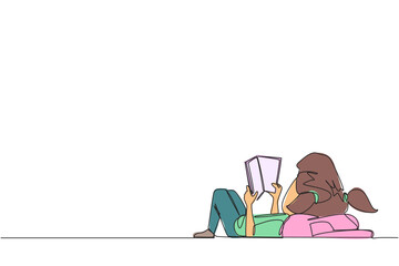Single one line drawing girl lying on back reading book. Reading favorite comic. Big fan of fiction books. Enjoy the storyline. Reading increases insight. Continuous line design graphic illustration