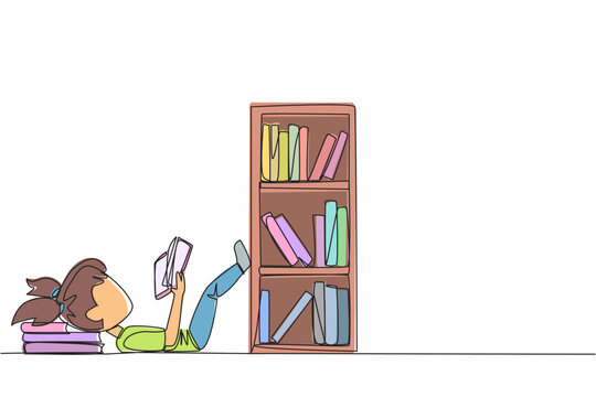 Single one line drawing girl lying on back reading fiction story book near bookcase. Read slowly to enjoy the storyline. Hobby reading. Very good habit. Continuous line design graphic illustration