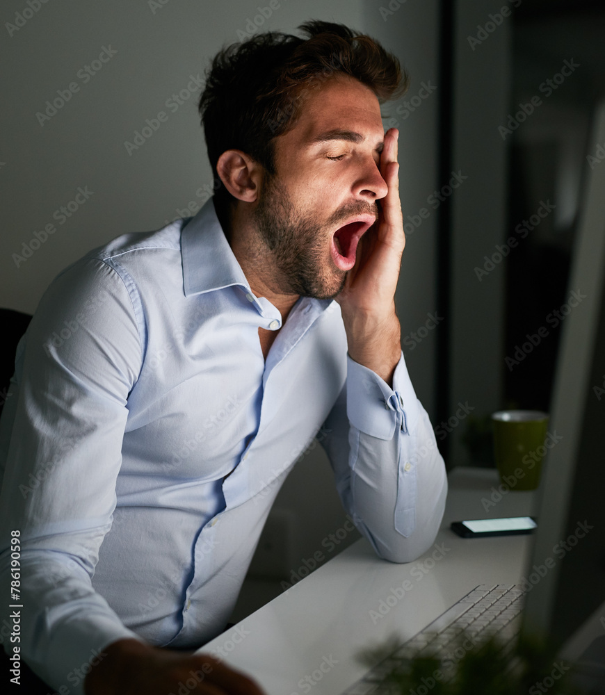 Poster Business man, tired and yawn at desk with computer for programming, coding at night and burnout in IT. Working late, fatigue or bored with sleepy programmer, deadline or overtime for software upgrade