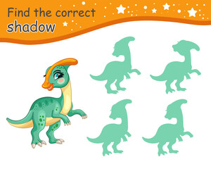 Find correct shadow of parasaurolophus dinosaur vector illustration
