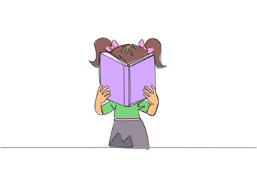 Single continuous line drawing girl seriously reading a book until cover the face. Nervous when facing the final exams. Try to focus. Reading increases insight. One line design vector illustration