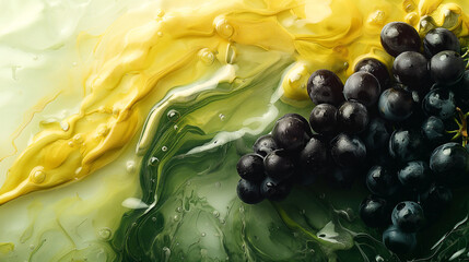 beautiful fresh black grapes with River made from metal , yellow white and green, minimalist style