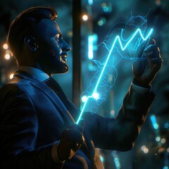 Growth images, A businessman is holding a glowing blue line going upward. And that line looks like a crooked arrow, meaning they were turning into a line. futuristic,  - obrazy, fototapety, plakaty