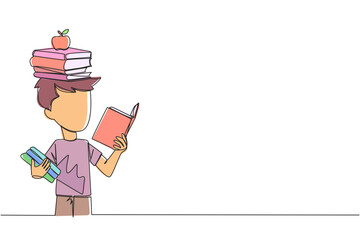 Single one line drawing boy reading a book practicing balance. Stack books on top of head along with the apple. Balancing reading rhythm, train focus. Love read. Continuous line graphic illustration