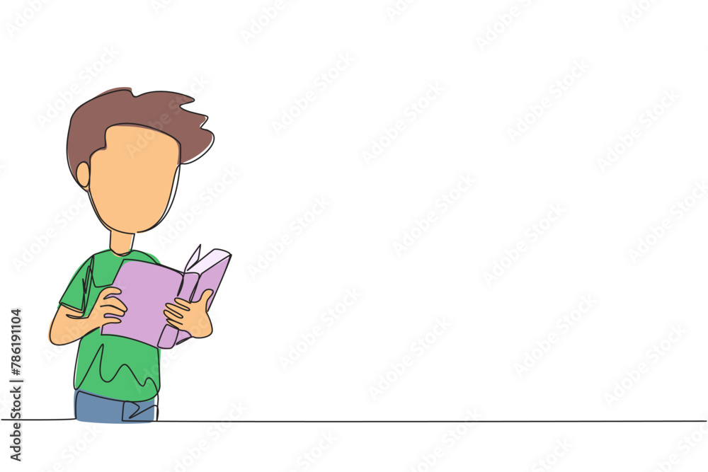 Poster single one line drawing boy focused on reading. try to find answers to the tasks given. seek more kn