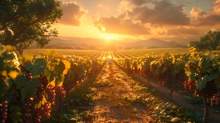 Roam through a sun-drenched vineyard, where rows of lush grapevines stretch toward the horizon.