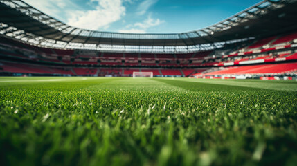 Vibrant Green Lawn in the Soccer Stadium, Perfect for Sports and Recreation, with a Clear Blue Sky in the Background - obrazy, fototapety, plakaty