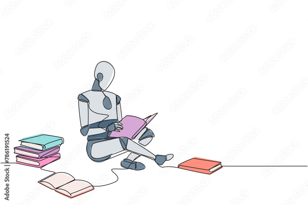 Poster continuous one line drawing robot sitting relax in library reading lot of books. looking for answers