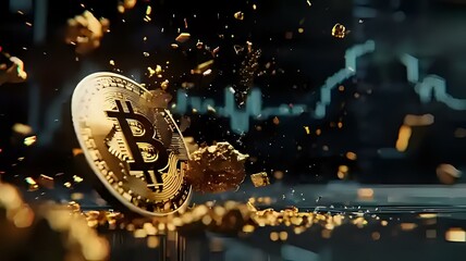Bitcoin Meltdown: Shattered 3D coin against upward trend chart