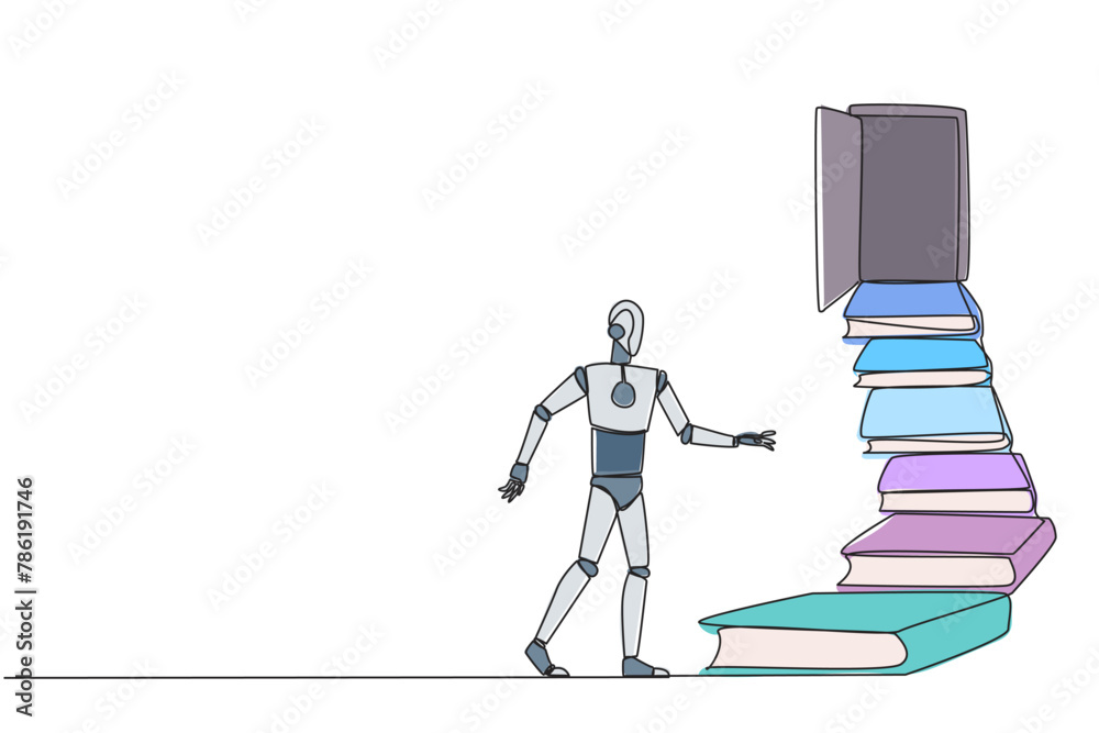 Poster continuous one line drawing robot climb stairs from the book stack. towards the wide open door. meta
