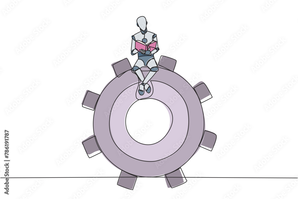 Poster single continuous line drawing robot artificial intelligence sitting on big gear. read several comma