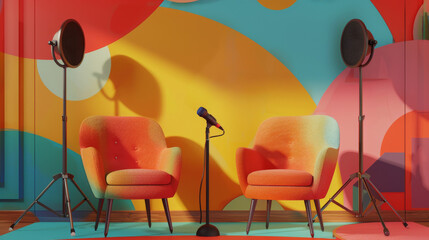 a minimalist podcast studio setup with two contrasting brightly colored chairs and microphones against a backdrop of a large
