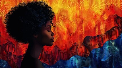 Artistic rendering of a womans silhouette against a backdrop of vibrant abstract patterns representing the layers of skincare