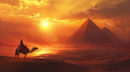 a moment at sunset where the female traveler on a camel is silhouetted against the backdrop of the Pyramids of Giza - obrazy, fototapety, plakaty