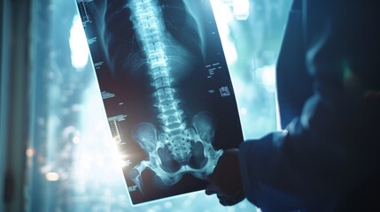 High-detail depiction of an X-ray film being held up against a bright window by a clinician