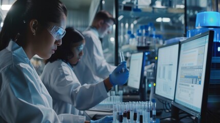 a quality control lab in a pharmaceutical company where scientists conduct rigorous testing on vaccine samples.
