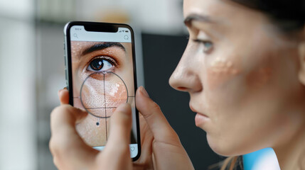 a person using a smartphone app to scan their skin. The app displays magnified images and diagnostic information about potential skin conditions