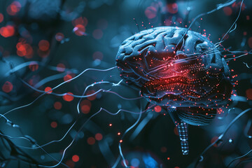 Striking close-up photo of sensors connected to the brain, capturing the precision and complexity of neural interface technology in a high-tech style against a clean, futuristic ba