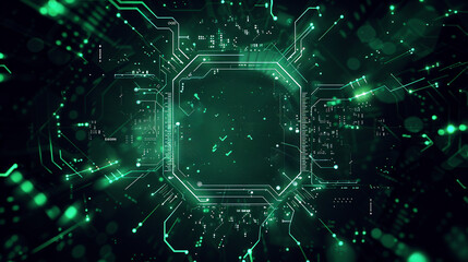 Vibrant green and black digital particles in a dynamic, tech-inspired 3D matrix.