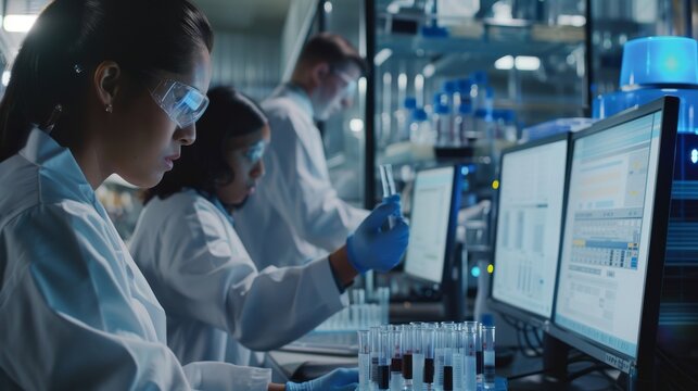 a quality control lab in a pharmaceutical company where scientists conduct rigorous testing on vaccine samples.