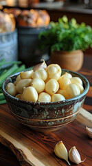 Obraz na płótnie Canvas fresh raw garlic in a bowl