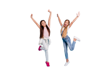 Full length body size view portrait of two people nice attractive cheerful crazy funny funky playful straight-haired pre-teen girls raising hands up chill out rest relax isolated on blue background