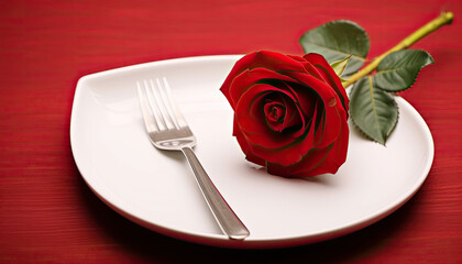 Fototapeta na wymiar Romantic Red Rose on White Dish: Perfect Meal for Valentines Day