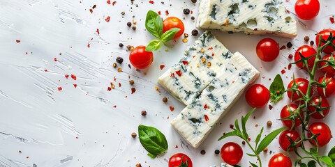 Artistic spread of blue cheese, cherry tomatoes, and herbs on a white background