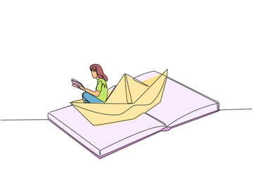 Single one line drawing woman reading a book on a paper boat. Maintain the good habits. The metaphor of reading can explore oceans. Book festival concept. Continuous line design graphic illustration