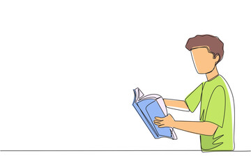 Continuous one line drawing man are very focused on reading a book. Reading fiction story books during holidays. Book festival concept. Very good habit. Single line draw design vector illustration
