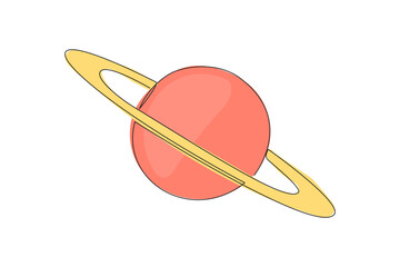 Single one line drawing planet saturn in space. Has the characteristic ring that surrounds the planet. Ring particles made of water ice and rock material. Continuous line design graphic illustration © Simple Line