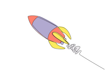 Single continuous line drawing flying rocket. A rocket that has taken off from the earth. Preparing to land on the moon. Space expedition aircraft. Cosmic galaxy. One line design vector illustration