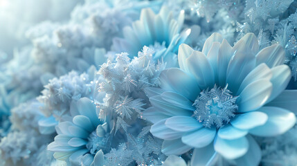 Crystal white and ice blue 3D florals grace a frosty backdrop serenely. - obrazy, fototapety, plakaty