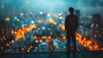 A solitary figure standing by a window, gazing out at a rainy cityscape