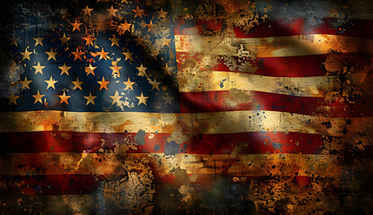 Closeup of grunge vintage dark American flag blowing in the wind at USA Independence Day.