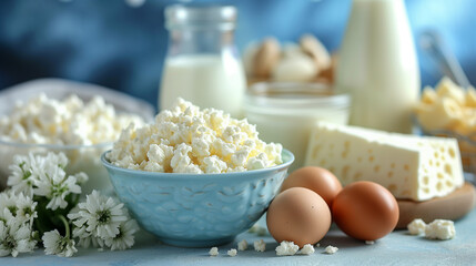 Variety of fresh dairy products and eggs on a blue backdrop with white flowers.