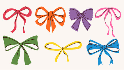 Flat vector illustration set of colorful bows, ties, gift bows. Wedding celebration, holiday, party decoration, gift, present concept.