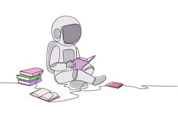 Single continuous line drawing astronaut sitting relax in library reading lot of books. Looking for answers to assignments. Hobby reading. Book festival concept. One line design vector illustration