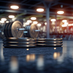 Spotlight on Ultrarealistic Weight Plates in a Blur - obrazy, fototapety, plakaty