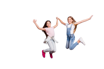 Full length body size view of two people nice cute lovely attractive cheerful cheery careless straight-haired pre-teen girls having fun great day isolated over blue pastel background
